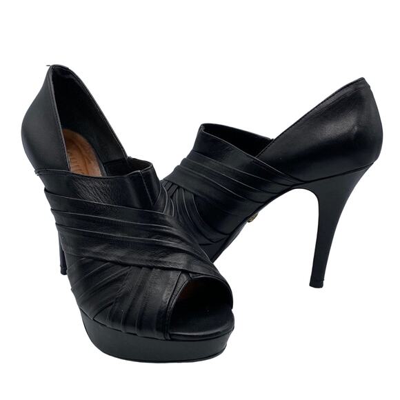 Schutz Women Black Leather Pleated Peep Toe Stiletto Platform Heeled Booties 10B - Picture 1 of 9